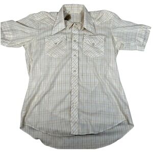 Vintage TemTex Western Pearl Snap Shirt Mens Cream Tan Plaid Short Sleeve‎